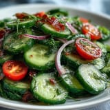Crisp cucumbers, red onion, and fresh dill are tossed in a tangy vinegar dressing, garnished with sesame seeds.