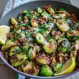 Ground turkey and crispy Brussels sprouts in a one-pan skillet, finished with Parmesan, ready for an easy weeknight dinner plate.