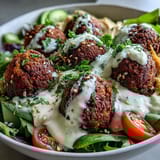 A vibrant falafel bowl with cherry tomatoes, cucumbers, and parsley, served with lemon wedges for a fresh, tangy squeeze.