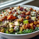 This vibrant Fall Harvest Bowl features roasted sweet potatoes, Brussels sprouts, and creamy feta over wild rice.