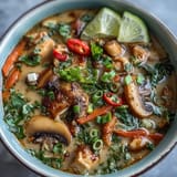 Bright Thai Coconut Curry Soup Bowl topped with fresh cilantro, chili slices, and lime wedges served beside fluffy white rice.