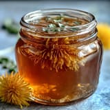 Vibrant golden dandelion jelly in a glass jar, spreadable and floral, perfect for toast or scones.