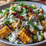 A colorful Mexican Street Corn Salad with charred corn, red bell pepper, and Cotija cheese, topped with fresh herbs.