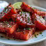 Colorful watermelon wedges topped with zesty Tajin and tangy lime, perfect for a refreshing snack at picnics or beach outings.