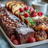 A festive dessert spread with colorful cake slices, assorted cookies, and brownie bites, perfect for sharing at any grad party.