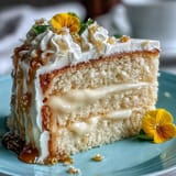 Zesty Mother's Day Lemon Curd Layer Cake, beautifully frosted and topped with vibrant blossoms.