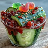 Viral Chamoy Pickle Kit in a cup, showcasing crunchy pickles, sweet fruit roll, and bold chamoy.