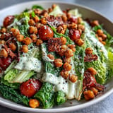 Delicious Vegan Caesar Salad topped with golden roasted chickpea croutons and vibrant greens.