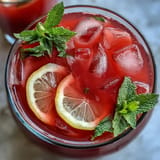 Vibrant natural pink lemonade with beet juice, served chilled with lemon garnish.