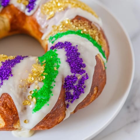 A close-up shot of a vibrant King Cake, covered in colorful Mardi Gras sprinkles.