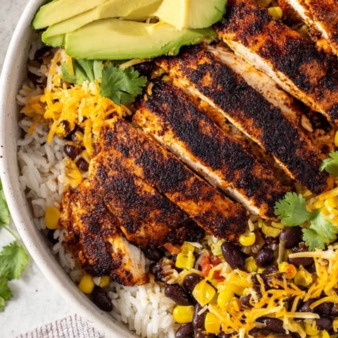 A colorful Tex-Mex Spicy Chicken Burrito Bowl featuring smoky chicken, corn, cheese, and zesty lime wedges on the side.  