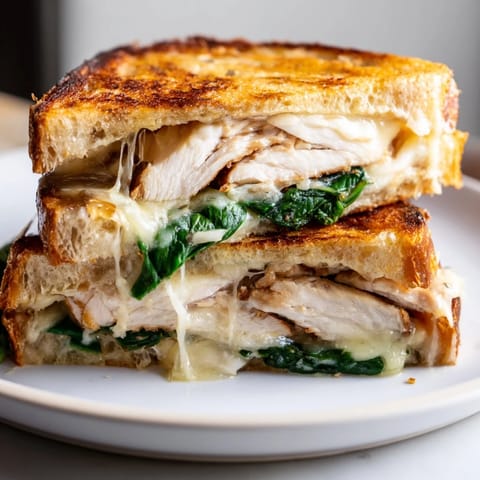 Golden-brown Grilled Chicken Spinach Panini oozing melted mozzarella and Parmesan, with fresh spinach and garlic butter on crusty bread.  
