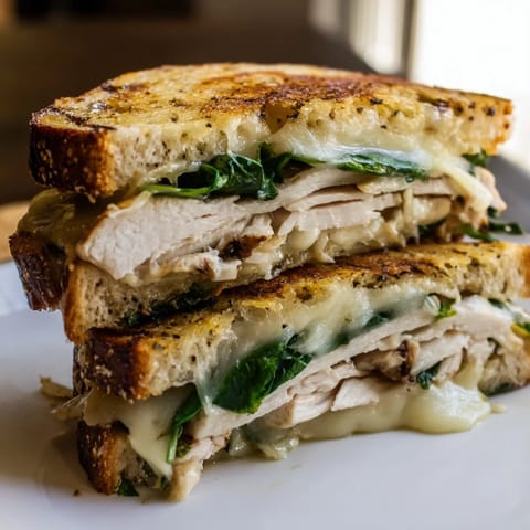 Hot Grilled Chicken Spinach Panini pressed to perfection, stacked with juicy sliced chicken and vibrant green spinach leaves.  