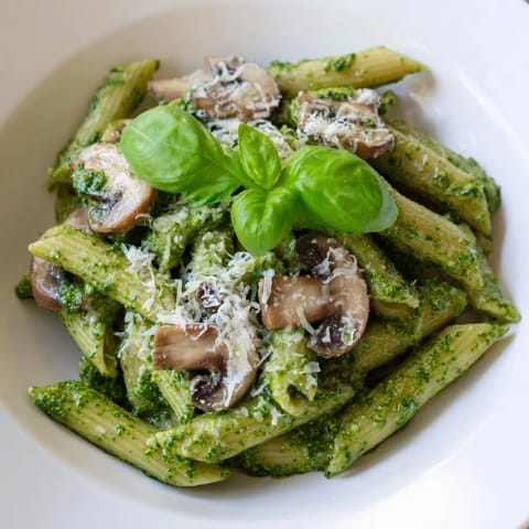 Hearty vegetarian mushroom pesto pasta twirled on a fork, served in a white bowl with extra cheese.