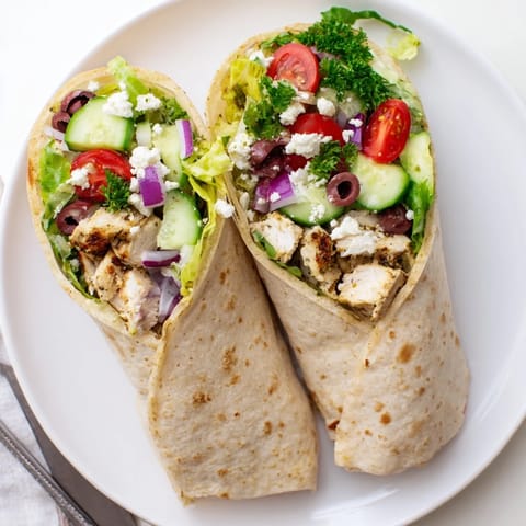 A vibrant Greek Lemon Chicken Salad Wrap, rolled in a warm tortilla and sliced to reveal the juicy chicken, crisp romaine, and tangy feta inside.