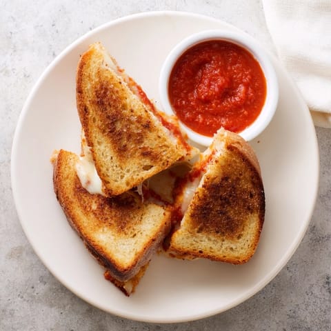 Mozzarella Stick Grilled Cheese sandwich cut diagonally, served with marinara sauce for dipping.  
