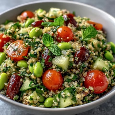 Bright bowl of Edamame and Quinoa Salad with cherry tomatoes and cucumber, tossed in a zesty lemon dressing.