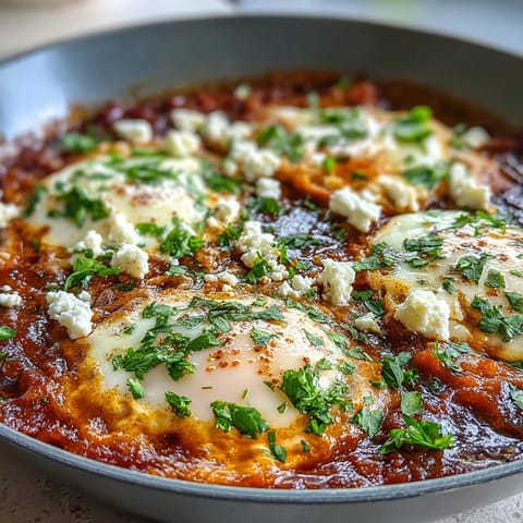 A simmering pan of Shakshuka features a rich, spiced tomato sauce with four poached eggs.
