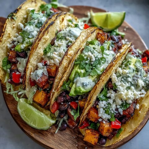 Roasted sweet potato and black bean tacos topped with vibrant cabbage and creamy avocado slices, served with lime wedges.  