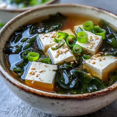 Silken tofu cubes and tender wakame seaweed float in a warm, savory bowl of homemade miso soup.