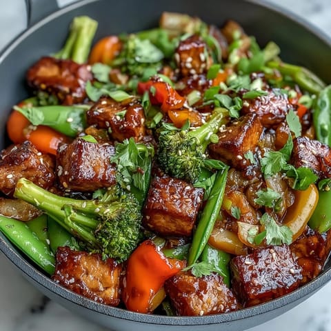 Golden-brown tempeh cubes and vibrant red, yellow, and green vegetables glisten in a savory sauce in this vegetable tempeh stir-fry.  