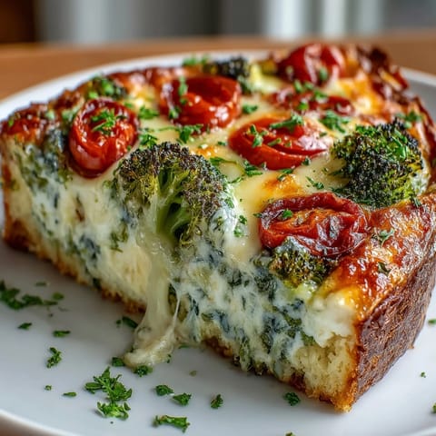 Hearty slice of vegetable frittata served warm with a crisp green salad and crusty artisan bread.  