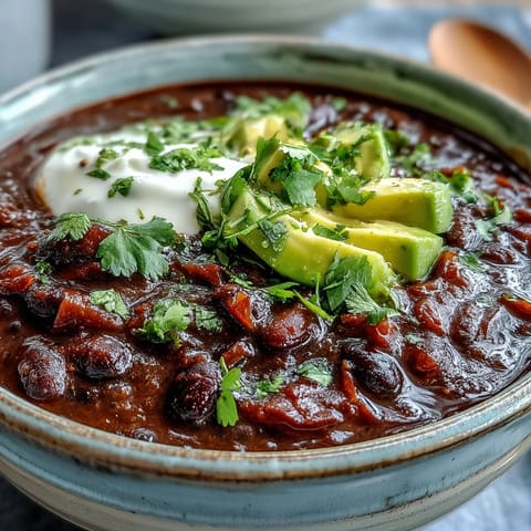 Close-up of rich, spiced black bean soup simmering in a pot, with diced vegetables and a swirl of olive oil on top.