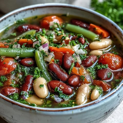 A steaming bowl of Three-Bean Salad Soup garnished with fresh parsley, ready to serve with crusty bread.  