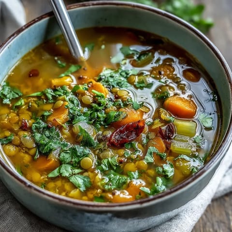 Steaming bowl of Mung Bean Soup paired with warm naan bread and a lemon wedge for bright flavor.