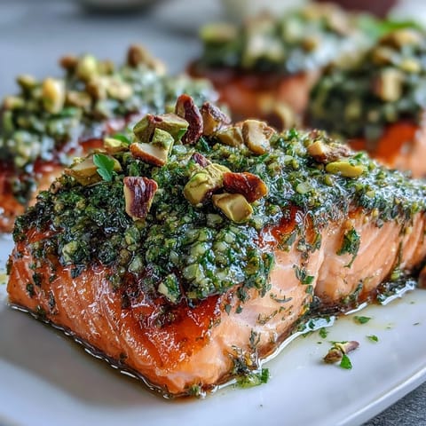 Golden Confit Salmon With Tahini, Pistachio and Herb Crust topped with fresh herbs and lemon.