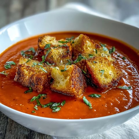 Creamy roasted red pepper soup with crispy croutons served in a rustic ceramic bowl.