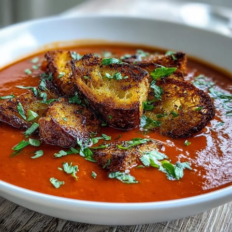 Golden, crunchy croutons topping a vibrant red roasted pepper soup, garnished with fresh herbs.