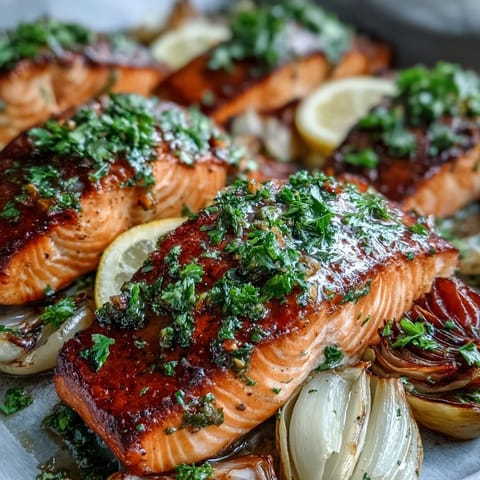 Golden-brown roasted salmon fillets with leeks and onions on a baking sheet, garnished with bright green parsley dressing and lemon slices.