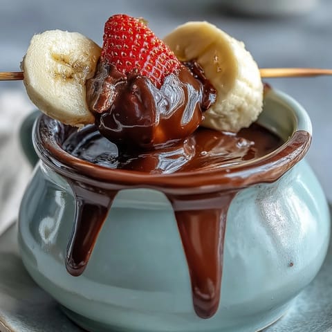 A warm Boozy Chocolate Fondue in a pot with sliced apples and marshmallows on a rustic board.