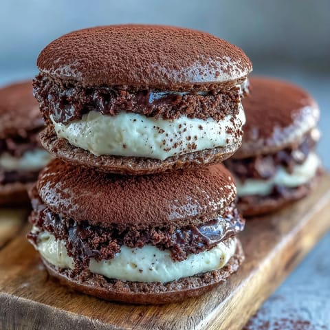 Two soft chocolate whoopie pies are filled with creamy coffee mascarpone and dusted with cocoa powder.