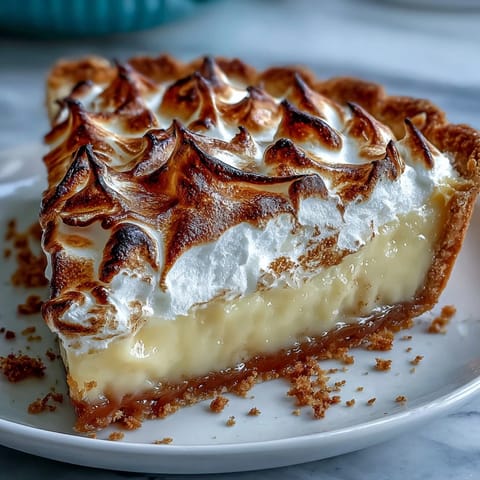 A slice of homemade Lemon Meringue Pie sits on a white plate, revealing flaky crust and bright citrus filling.
