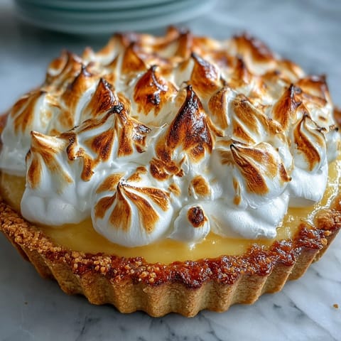 Freshly baked Lemon Meringue Pie with a golden, toasted meringue topping and tangy yellow filling in a rustic crust.