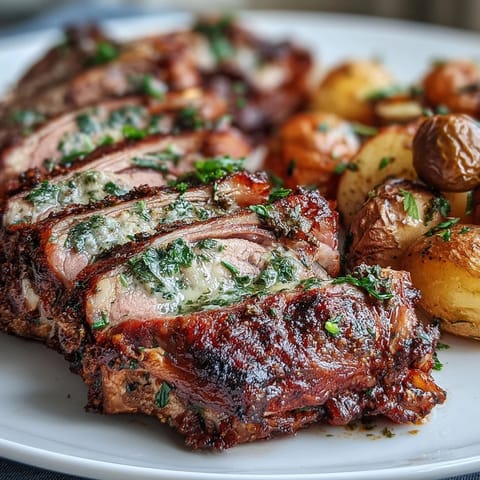 Golden-brown One-Pan Roast Rack of Lamb rests beside crispy roasted potatoes studded with vibrant green olives.