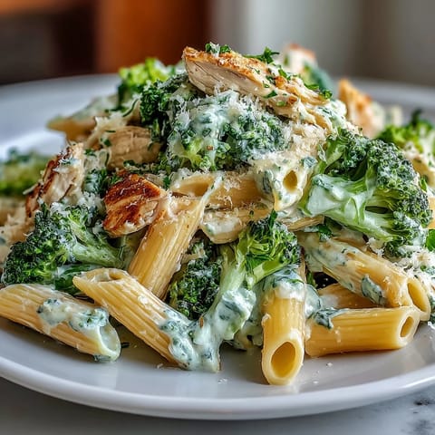 Bright green broccoli florets and tender shredded chicken tossed with whole-wheat penne and Parmesan garnish.