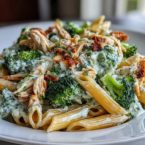 Golden High Protein Rotisserie Chicken Broccoli Pasta with creamy Greek yogurt sauce in a white bowl.