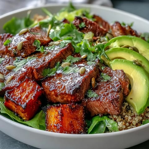 Sizzling flank steak slices rest atop warm butternut squash steak bowls, garnished with red onion and toasted pumpkin seeds for extra crunch.
