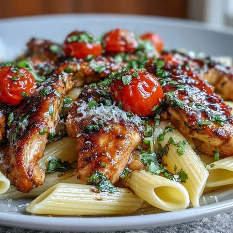 Golden-seared chicken slices mingle with penne pasta, cherry tomatoes, and melted mozzarella in this Bruschetta Chicken Pasta, finished with fresh basil.