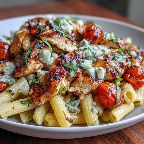 A close-up of Bruschetta Chicken Pasta reveals juicy tomatoes, tender chicken, and herbs, perfect for a warm weeknight Italian-American dinner.
