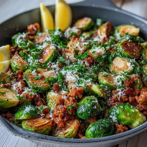 Brussels Sprouts & Ground Turkey Skillet sizzles in a pan with golden-brown sprouts beside savory turkey, fresh parsley, and a lemon wedge.