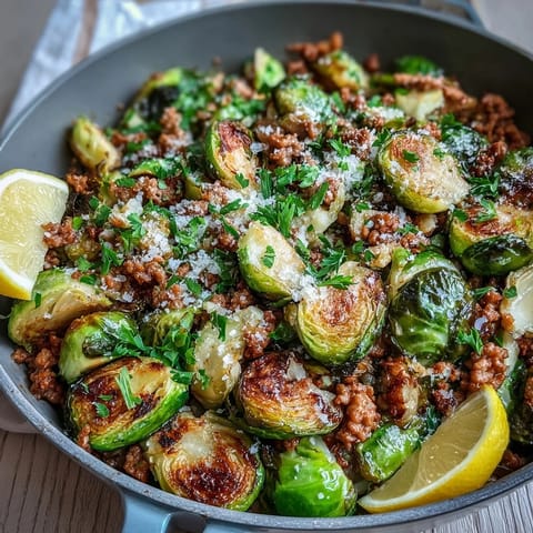 Ground turkey and crispy Brussels sprouts in a one-pan skillet, finished with Parmesan, ready for an easy weeknight dinner plate.