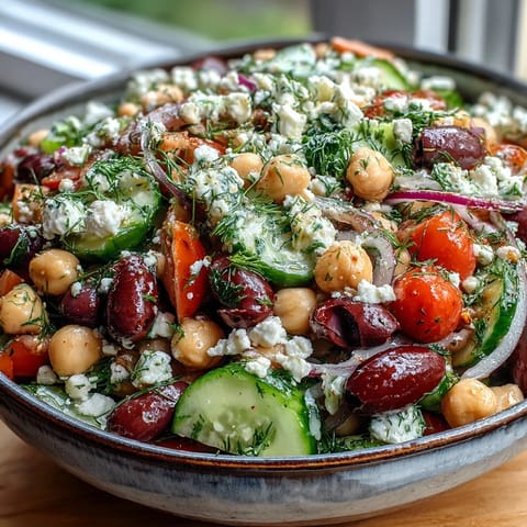 Bright Greek Bean Salad with lemon-marinated beans, chopped cucumbers, tomatoes, olives, and crumbled feta cheese.