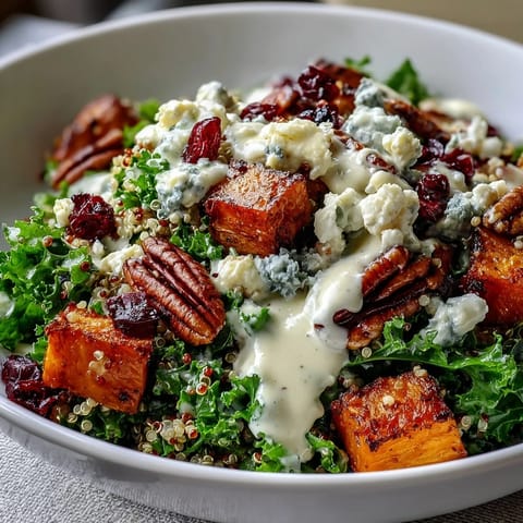 Golden roasted sweet potatoes and fluffy quinoa form the base of a Harvest Kale Quinoa Bowl, topped with kale, pecans, and tangy blue cheese.