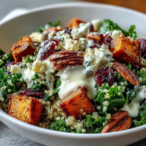 Bright lemon tahini dressing is drizzled over this colorful Harvest Kale Quinoa Bowl, featuring dried cranberries and crunchy pecans for a festive touch.