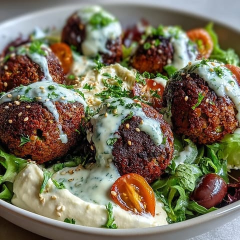Crispy falafel balls rest on creamy hummus and tangy tzatziki, topped with fresh greens and a drizzle of tahini sauce.