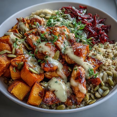 Sliced avocado and fresh herbs garnish this colorful Hot Honey Chicken Bowl featuring spiced chicken and sweet potatoes.